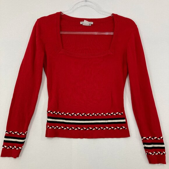 Alberto Makali Sweaters - Alberto Makali Medium Red Square Neck Rib Knit Braided Accents Boho Sweater